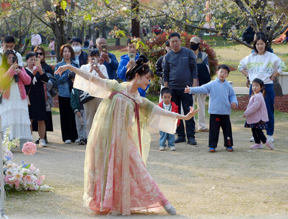 清明假期期間，上海顧村公園櫻花島上，游客在觀賞國(guó)風(fēng)漢服快閃表演。（圖片來(lái)源：視覺(jué)中國(guó)）