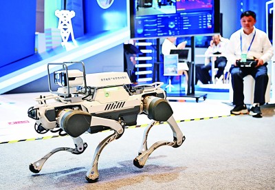  網(wǎng)絡(luò)安全博覽會上的企業(yè)展示電網(wǎng)巡線機器狗。新華社記者 鄧華攝